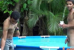 Horny Latin twinks jump into the pool for oral fun