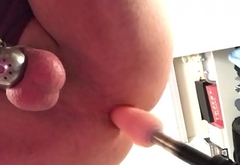 Stupid chastity sissy tries to cum but can't.
