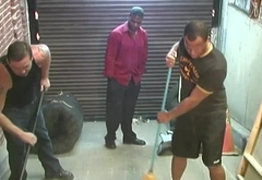 Two black janitors fucking a white guy in the ass