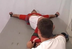 Soccer playing jock restrained for tickling torment